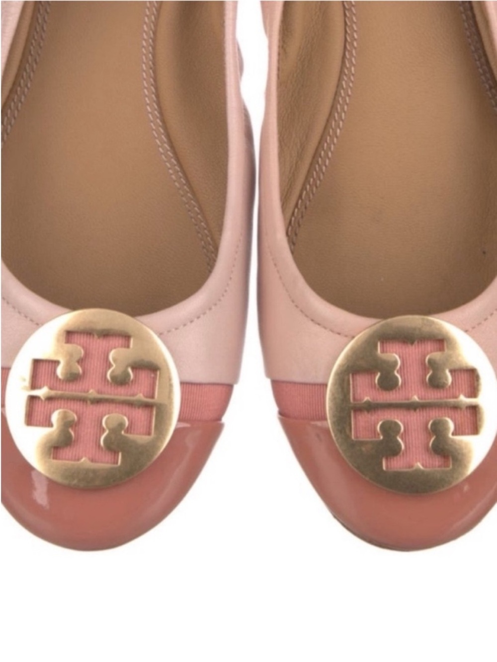 TORY BURCH Minnie Blush Shell Pink Leather Gold Medallion Logo Ballet Flat - Picture 5 of 7